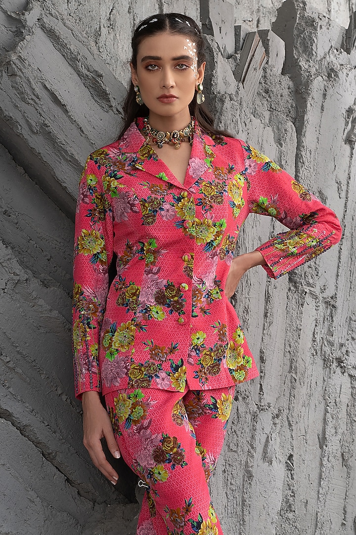 Raspberry Pink Crepe Printed Co-Ord Set by Chhavvi Aggarwal at Pernia's Pop Up Shop