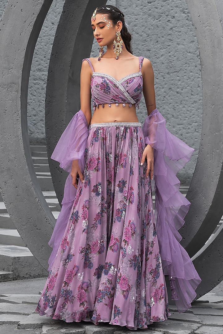 Lavender Georgette Printed Wedding Lehenga Set by Chhavvi Aggarwal at Pernia's Pop Up Shop