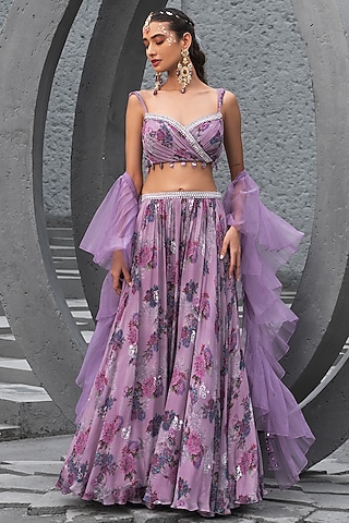 Lavender Georgette Printed Lehenga Set by Chhavvi Aggarwal
