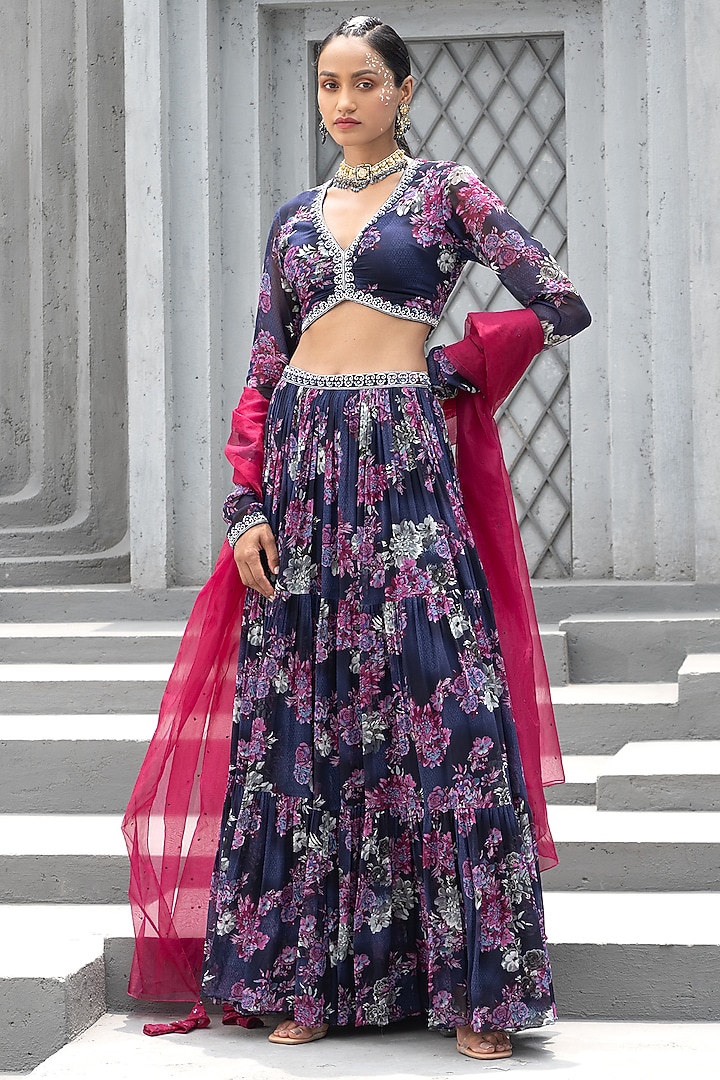 Navy Blue Georgette Printed Wedding Lehenga Set by Chhavvi Aggarwal at Pernia's Pop Up Shop
