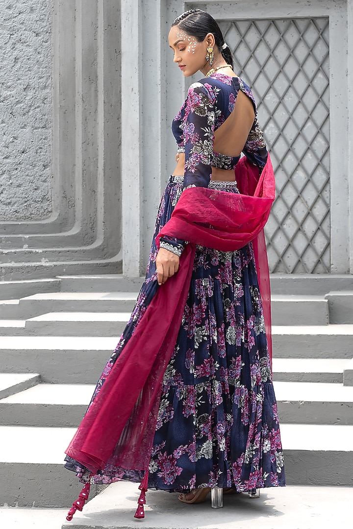 Navy Blue Georgette Printed Wedding Lehenga Set by Chhavvi Aggarwal at Pernia's Pop Up Shop