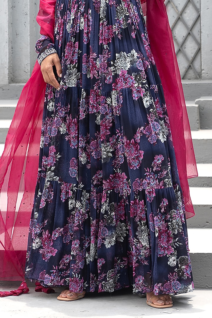 Navy Blue Georgette Printed Wedding Lehenga Set by Chhavvi Aggarwal at Pernia's Pop Up Shop