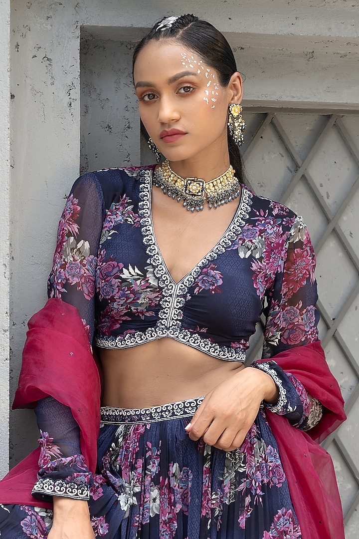 Navy Blue Georgette Printed Wedding Lehenga Set by Chhavvi Aggarwal at Pernia's Pop Up Shop