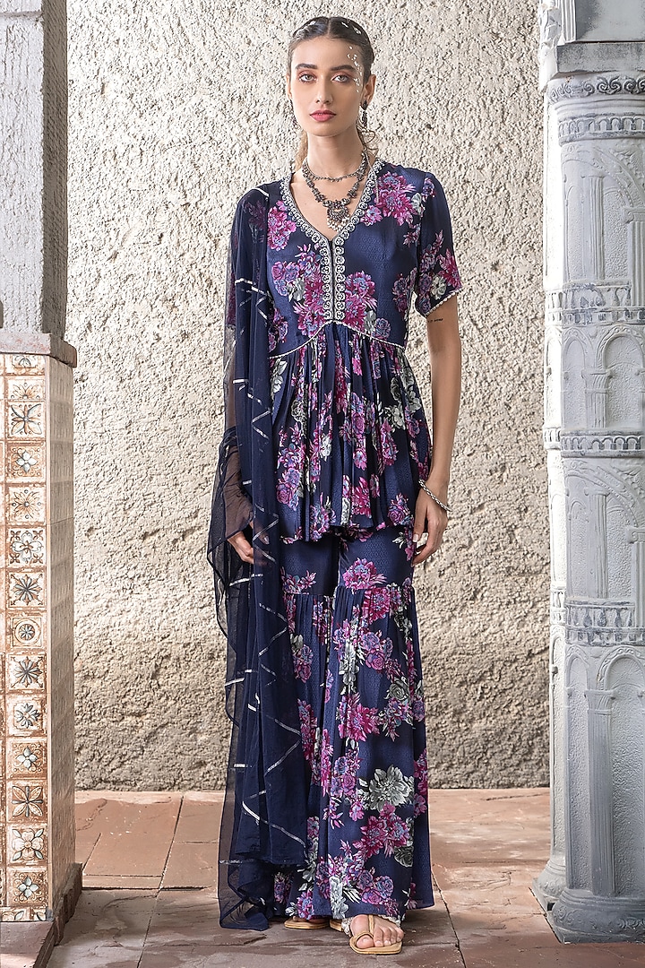 Navy Blue Crepe Printed Party Wear Sharara Set by Chhavvi Aggarwal at Pernia's Pop Up Shop