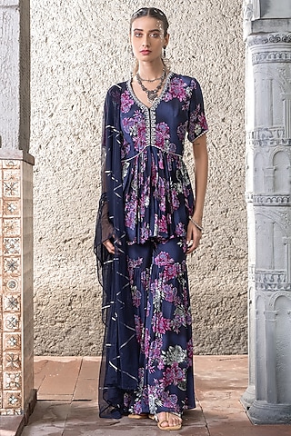 Navy Blue Crepe Printed Sharara Set by Chhavvi Aggarwal