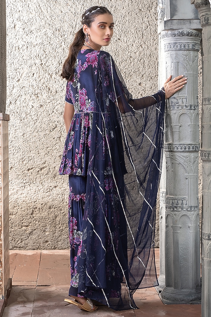 Navy Blue Crepe Printed Party Wear Sharara Set by Chhavvi Aggarwal at Pernia's Pop Up Shop