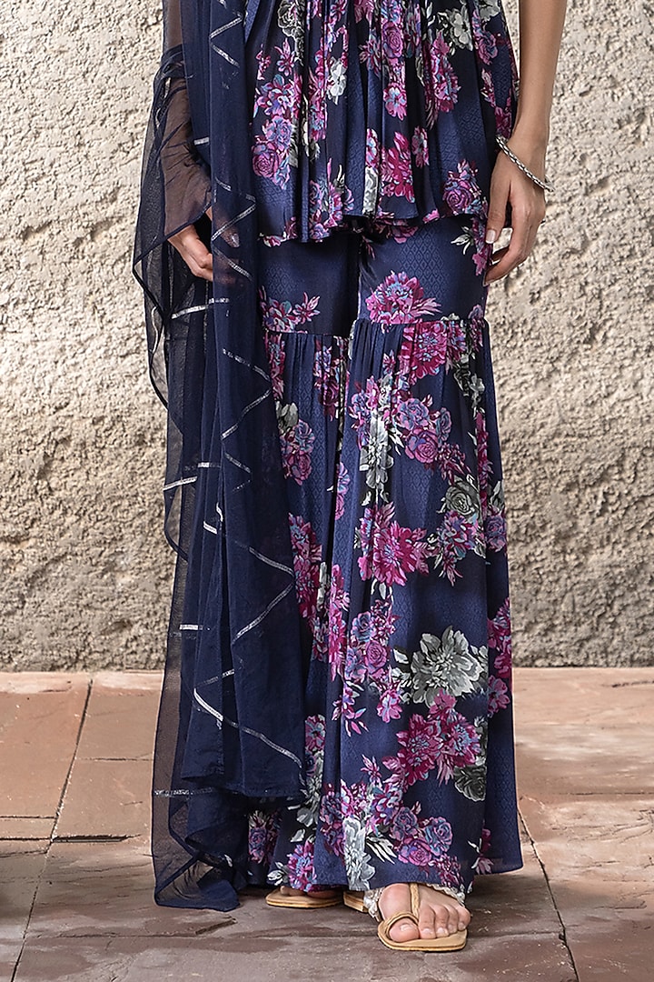 Navy Blue Crepe Printed Party Wear Sharara Set by Chhavvi Aggarwal at Pernia's Pop Up Shop