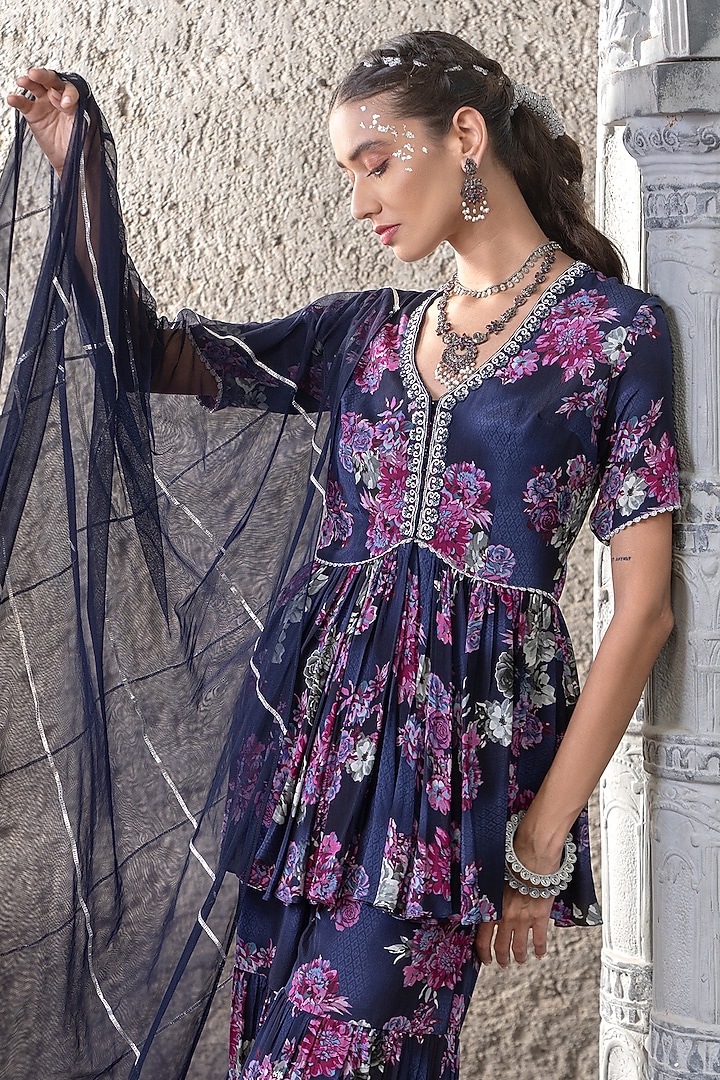 Navy Blue Crepe Printed Party Wear Sharara Set by Chhavvi Aggarwal at Pernia's Pop Up Shop