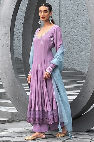 Lavender Cotton Printed Anarkali Set by Chhavvi Aggarwal
