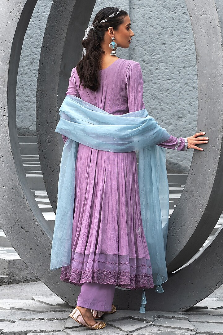Lavender Cotton Printed Party Wear Anarkali Set by Chhavvi Aggarwal at Pernia's Pop Up Shop