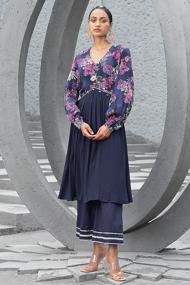 Navy Blue Cotton Printed Kurta Set by Chhavvi Aggarwal at Pernia's Pop Up Shop