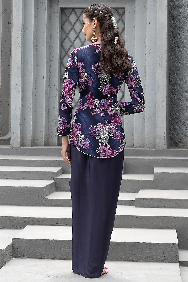 Navy Blue Bemberg Satin Skirt Set by Chhavvi Aggarwal at Pernia's Pop Up Shop
