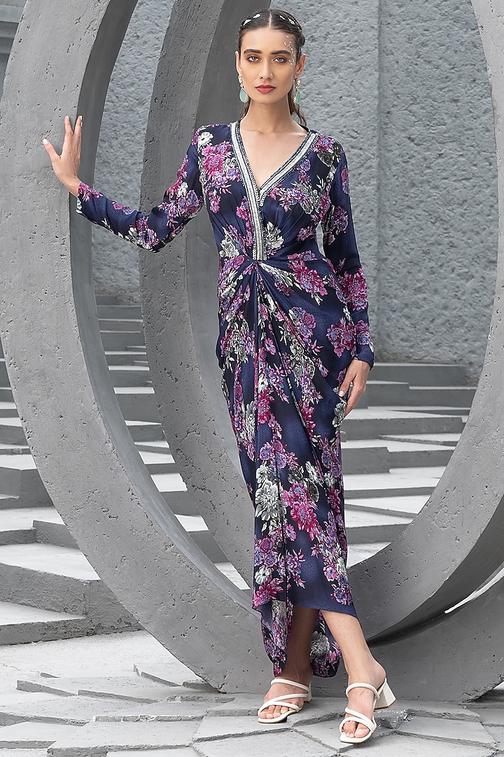 Navy Blue Crepe Printed Maxi Dress by Chhavvi Aggarwal at Pernia's Pop Up Shop