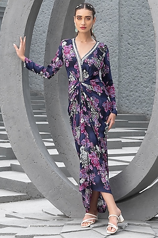 Navy Blue Crepe Printed Maxi Dress by Chhavvi Aggarwal