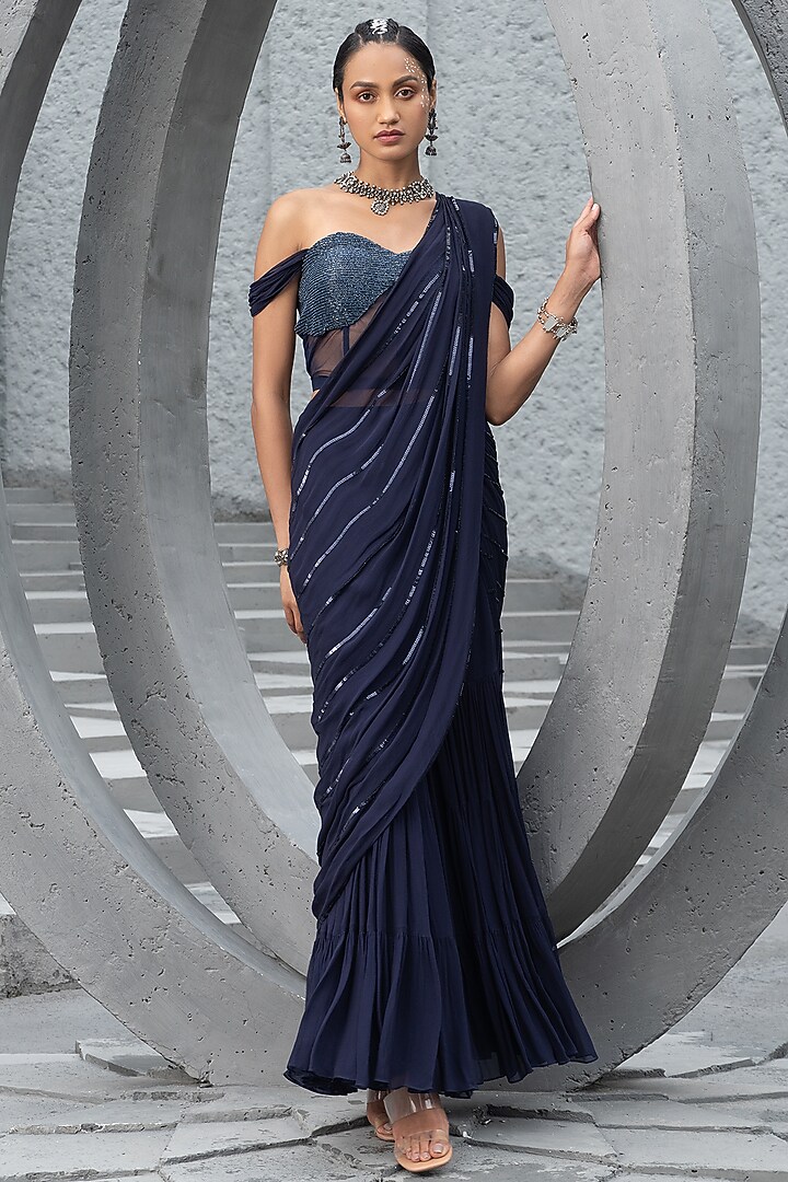 Navy Blue Georgette Embroidered Sharara Wedding Saree Set by Chhavvi Aggarwal at Pernia's Pop Up Shop