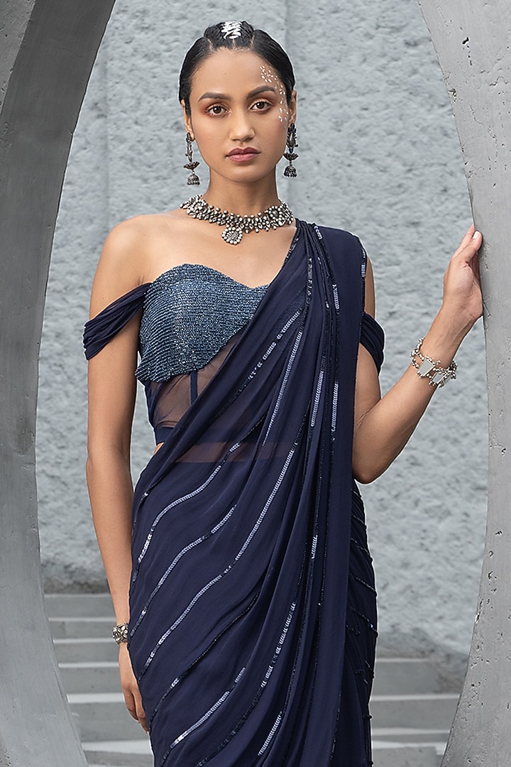 Navy Blue Georgette Embroidered Sharara Wedding Saree Set by Chhavvi Aggarwal at Pernia's Pop Up Shop