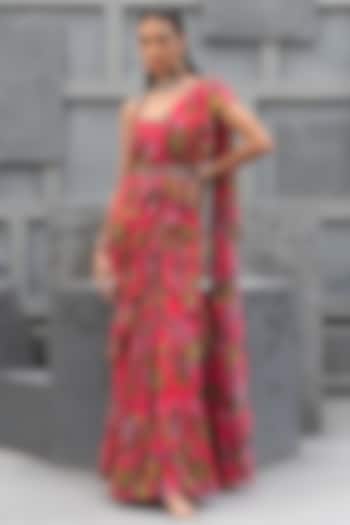 Raspberry Pink Georgette Printed Wedding Saree Set by Chhavvi Aggarwal at Pernia's Pop Up Shop