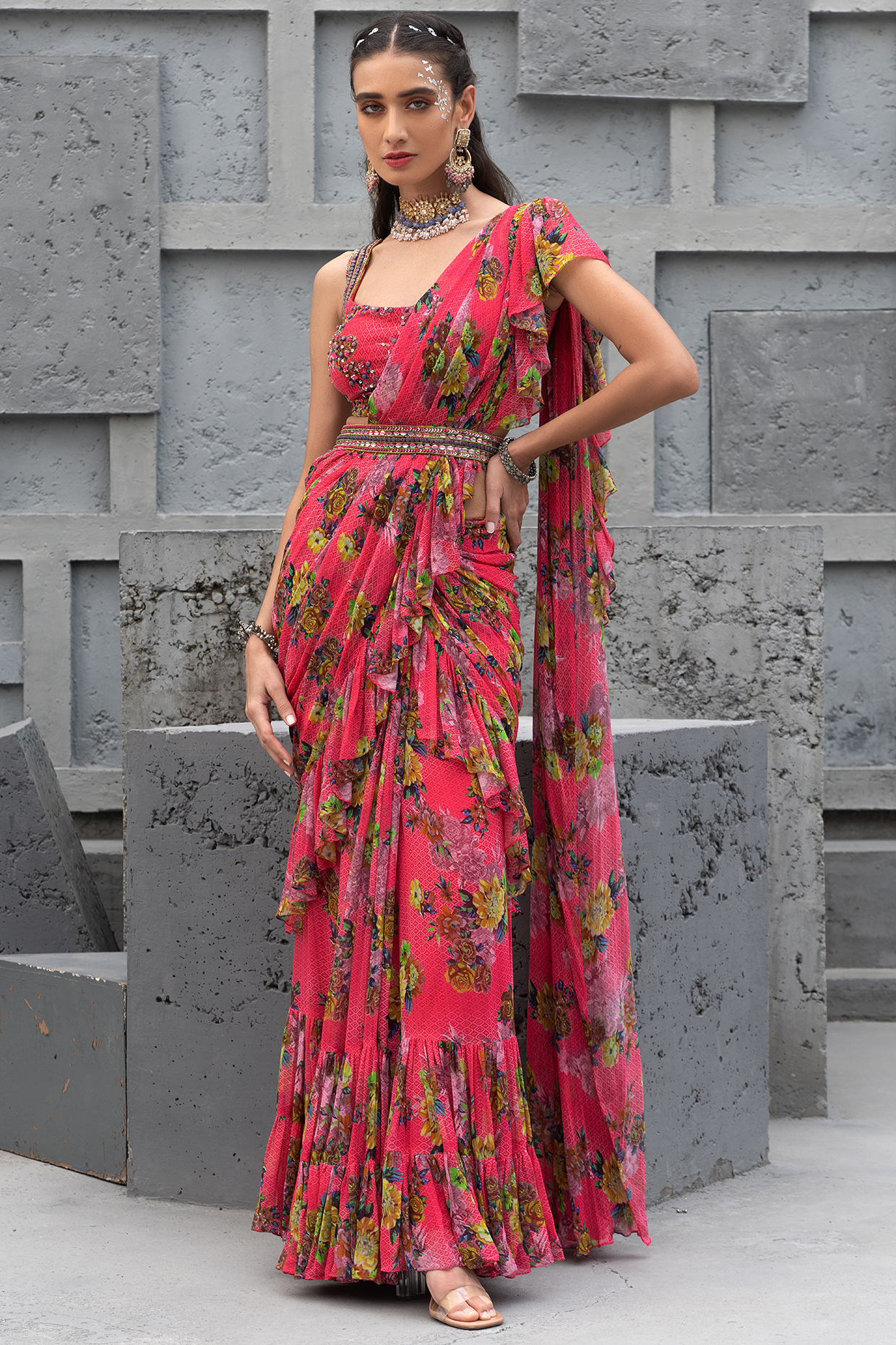 Raspberry Pink Georgette Printed Wedding Saree Set by Chhavvi Aggarwal at Pernia's Pop Up Shop