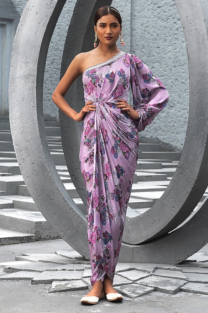 Lavender Crepe Printed Maxi Dress by Chhavvi Aggarwal