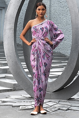 Lavender Crepe Printed Maxi Dress by Chhavvi Aggarwal