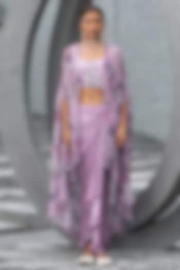 Lavender Bemberg Satin Draped Skirt Set by Chhavvi Aggarwal at Pernia's Pop Up Shop