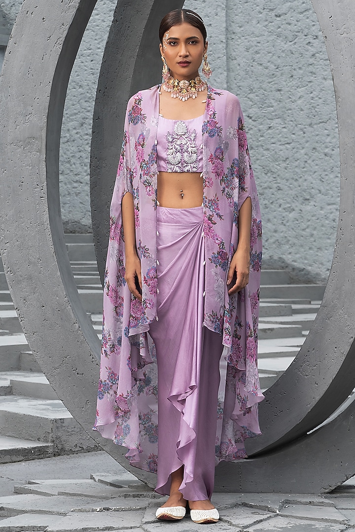 Lavender Bemberg Satin Draped Skirt Set by Chhavvi Aggarwal at Pernia's Pop Up Shop