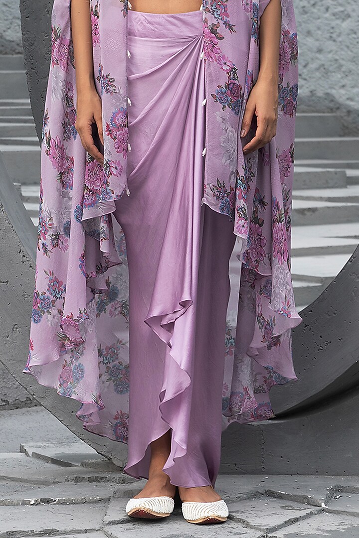 Lavender Bemberg Satin Draped Skirt Set by Chhavvi Aggarwal at Pernia's Pop Up Shop