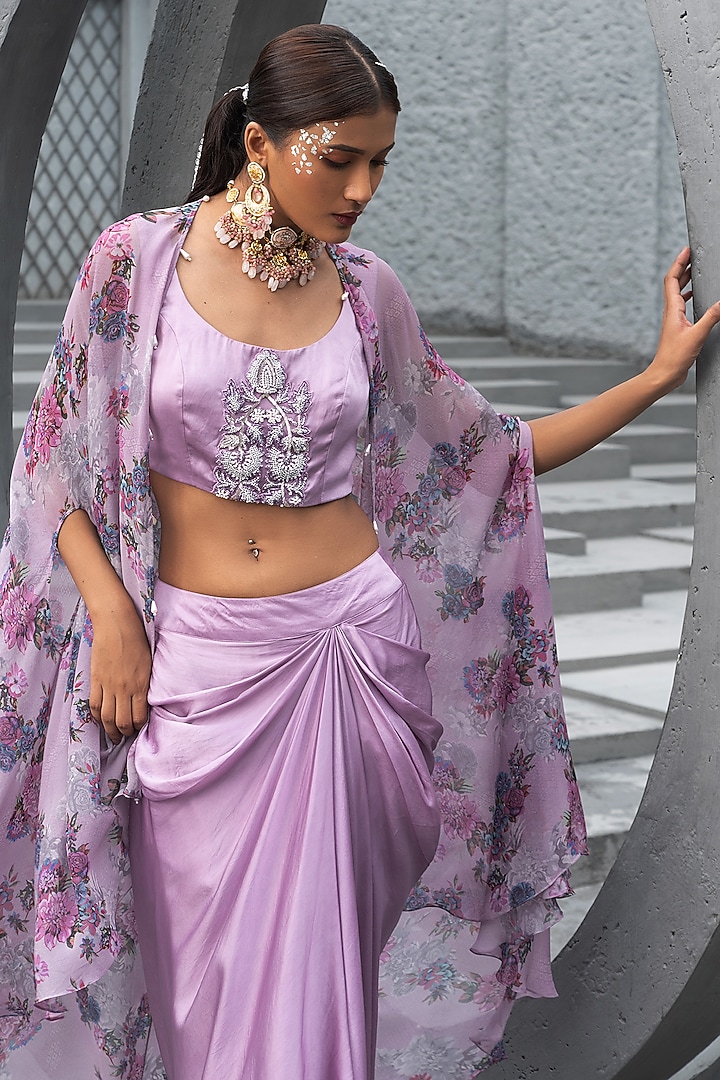 Lavender Bemberg Satin Draped Skirt Set by Chhavvi Aggarwal at Pernia's Pop Up Shop