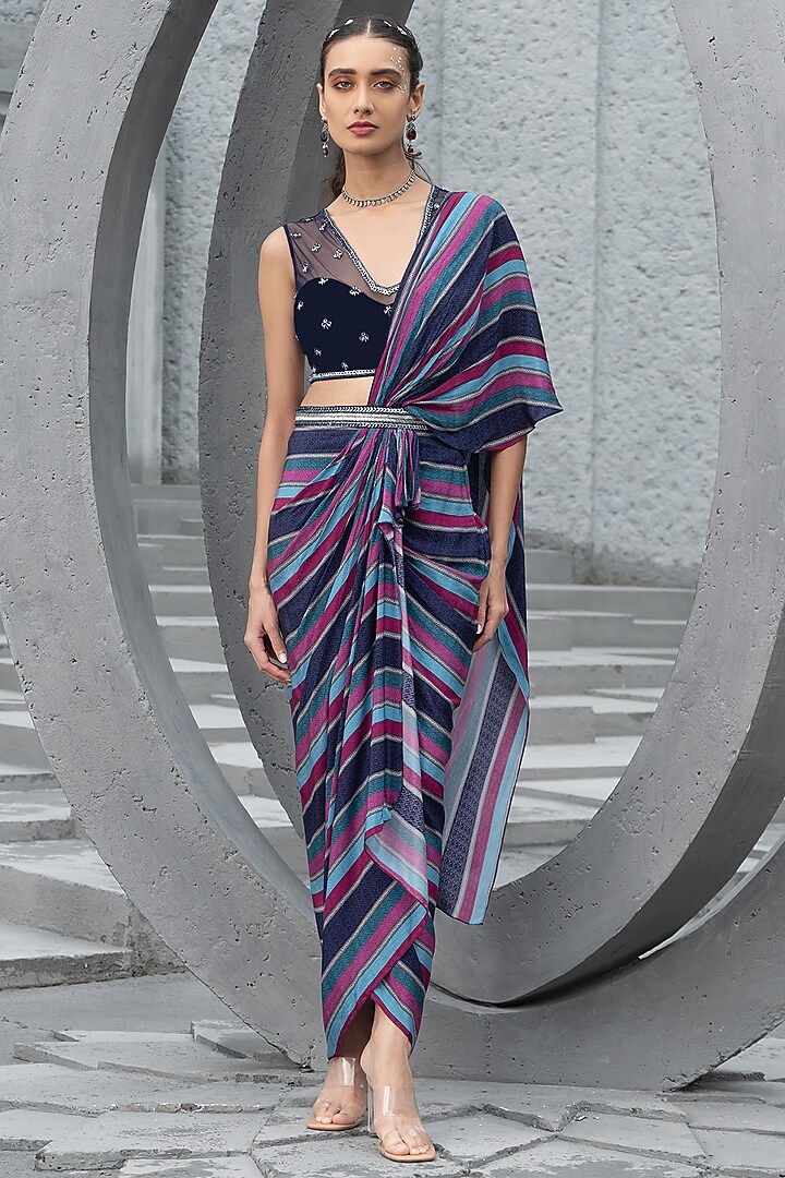 Navy Blue Crepe Printed Skirt Wedding Saree Set by Chhavvi Aggarwal at Pernia's Pop Up Shop