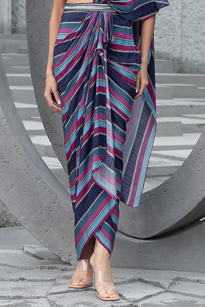 Navy Blue Crepe Printed Skirt Wedding Saree Set by Chhavvi Aggarwal at Pernia's Pop Up Shop