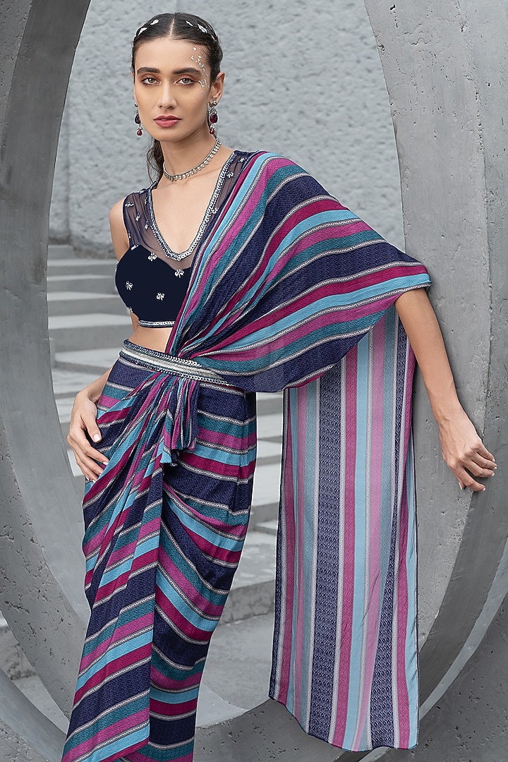 Navy Blue Crepe Printed Skirt Wedding Saree Set by Chhavvi Aggarwal at Pernia's Pop Up Shop