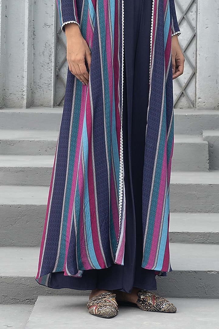 Navy Blue Crepe & Soft Net Printed Cape Set by Chhavvi Aggarwal at Pernia's Pop Up Shop