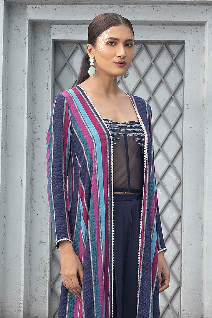 Navy Blue Crepe & Soft Net Printed Cape Set by Chhavvi Aggarwal at Pernia's Pop Up Shop
