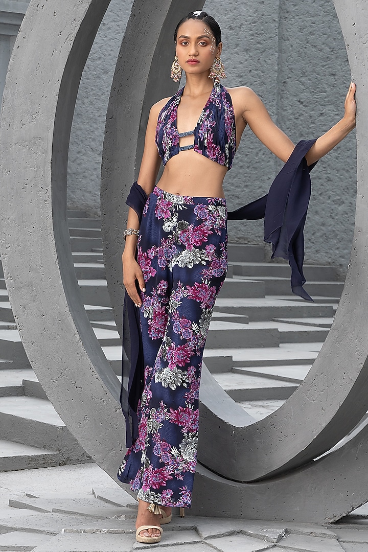 Navy Blue Crepe & Georgette Printed Co-Ord Set by Chhavvi Aggarwal at Pernia's Pop Up Shop