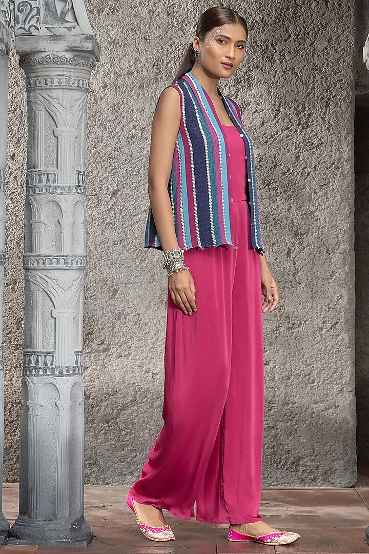 Burgundy Crepe & Chiffon Satin Jumpsuit With Cape by Chhavvi Aggarwal