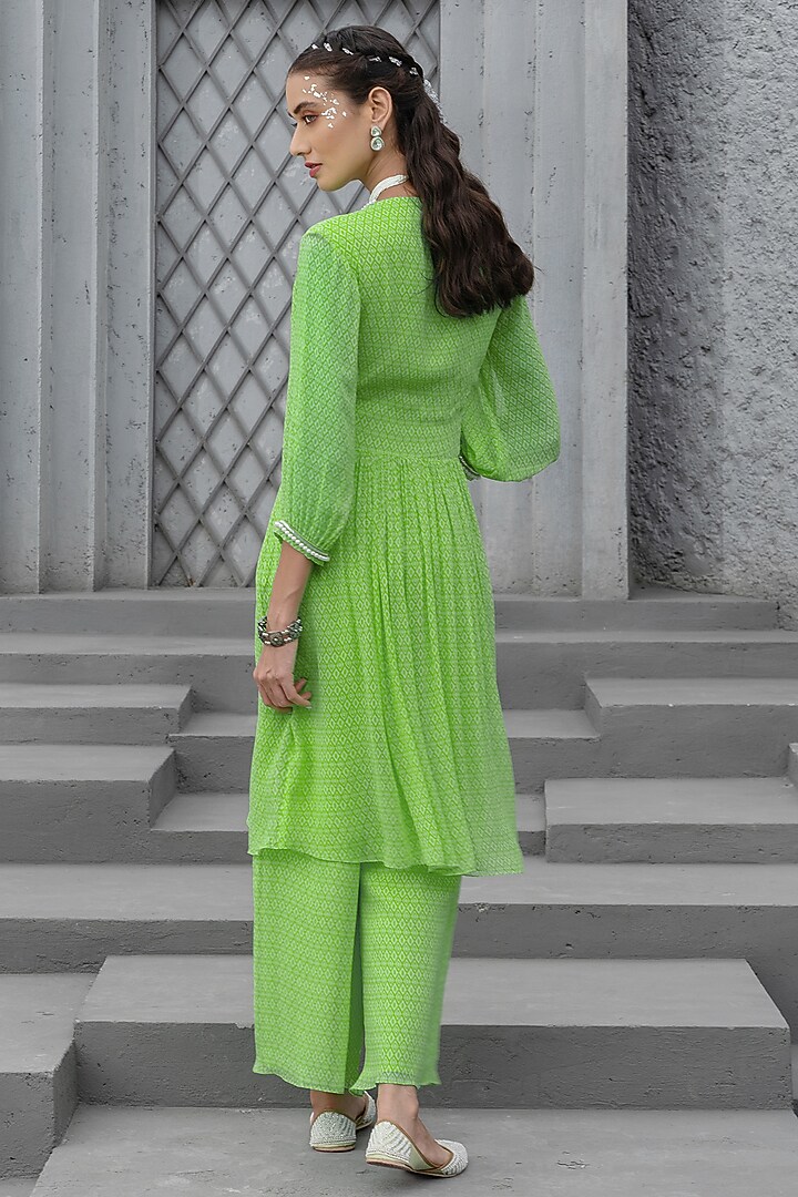 Lime Green Georgette Printed & Embroidered Kurta Set by Chhavvi Aggarwal at Pernia's Pop Up Shop