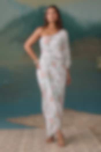 Pearl White Crepe Floral Printed One-Shoulder Maxi Vacation Dress by Chhavvi Aggarwal at Pernia's Pop Up Shop
