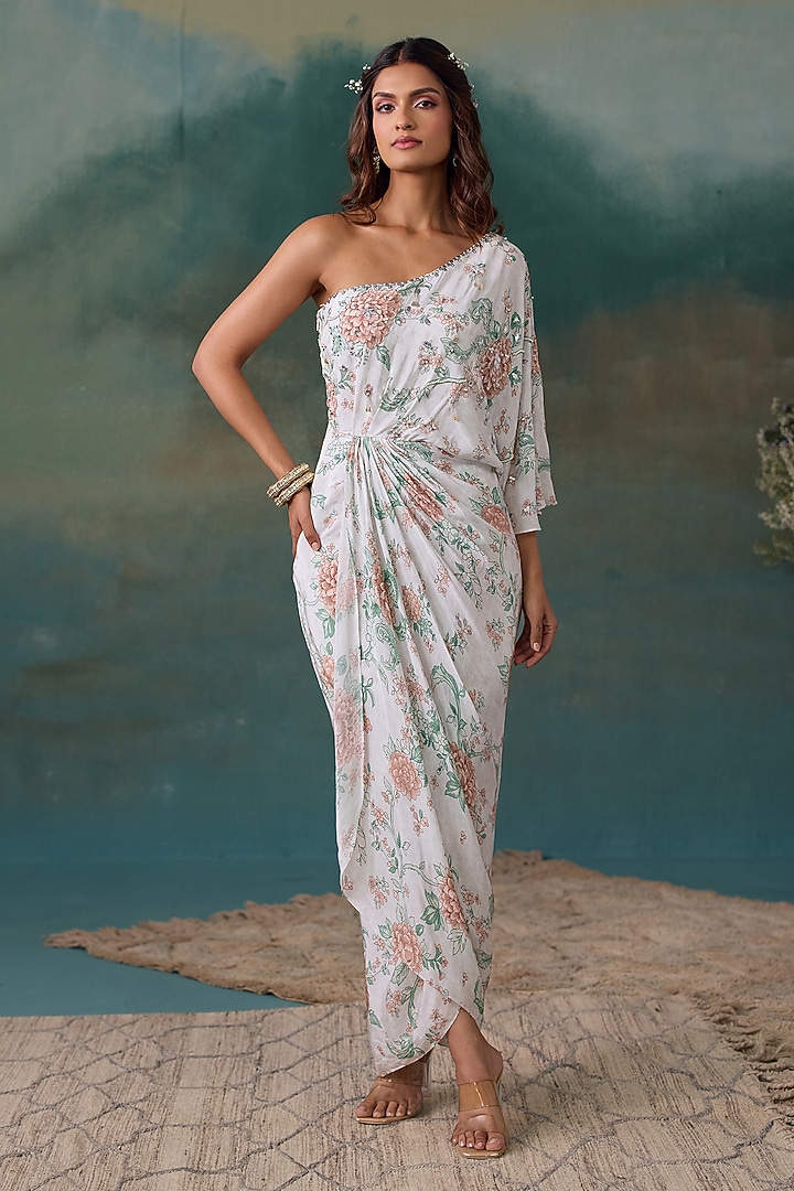 Pearl White Crepe Floral Printed One-Shoulder Maxi Vacation Dress by Chhavvi Aggarwal at Pernia's Pop Up Shop