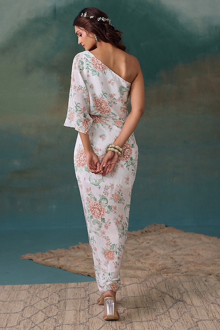 Pearl White Crepe Floral Printed One-Shoulder Maxi Vacation Dress by Chhavvi Aggarwal at Pernia's Pop Up Shop
