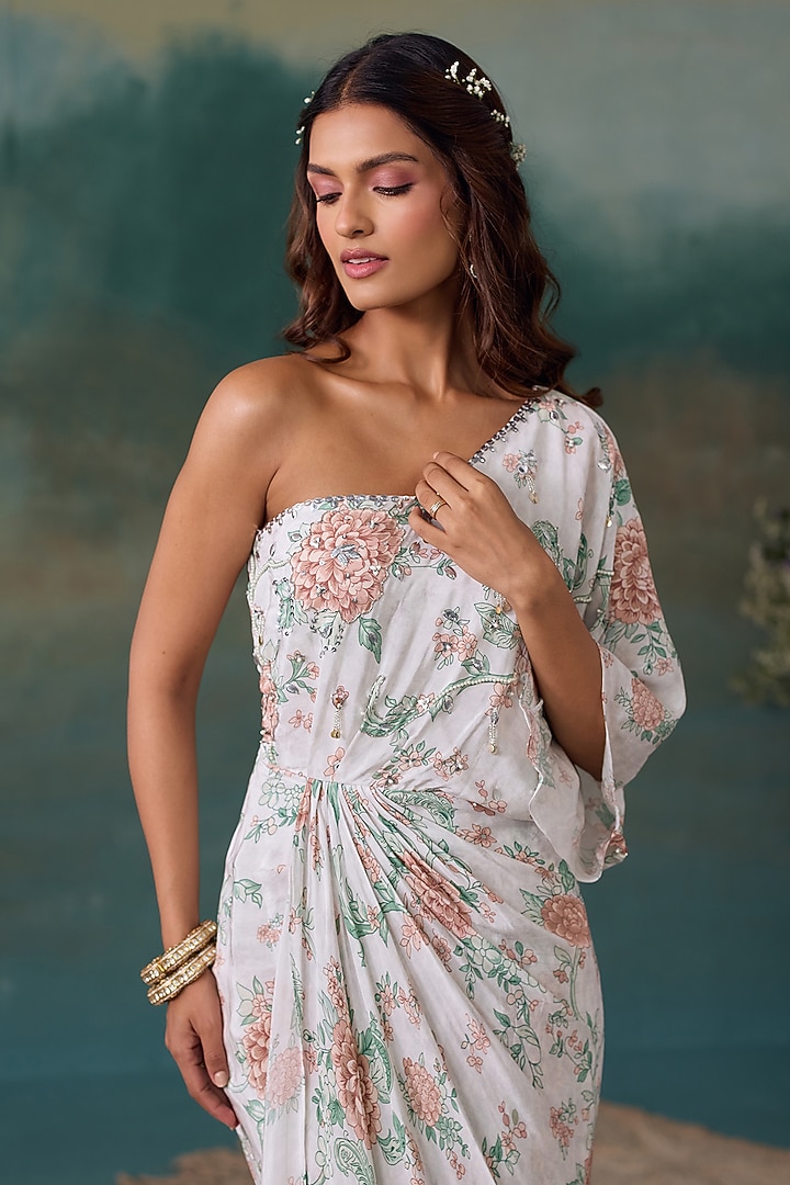 Pearl White Crepe Floral Printed One-Shoulder Maxi Vacation Dress by Chhavvi Aggarwal at Pernia's Pop Up Shop