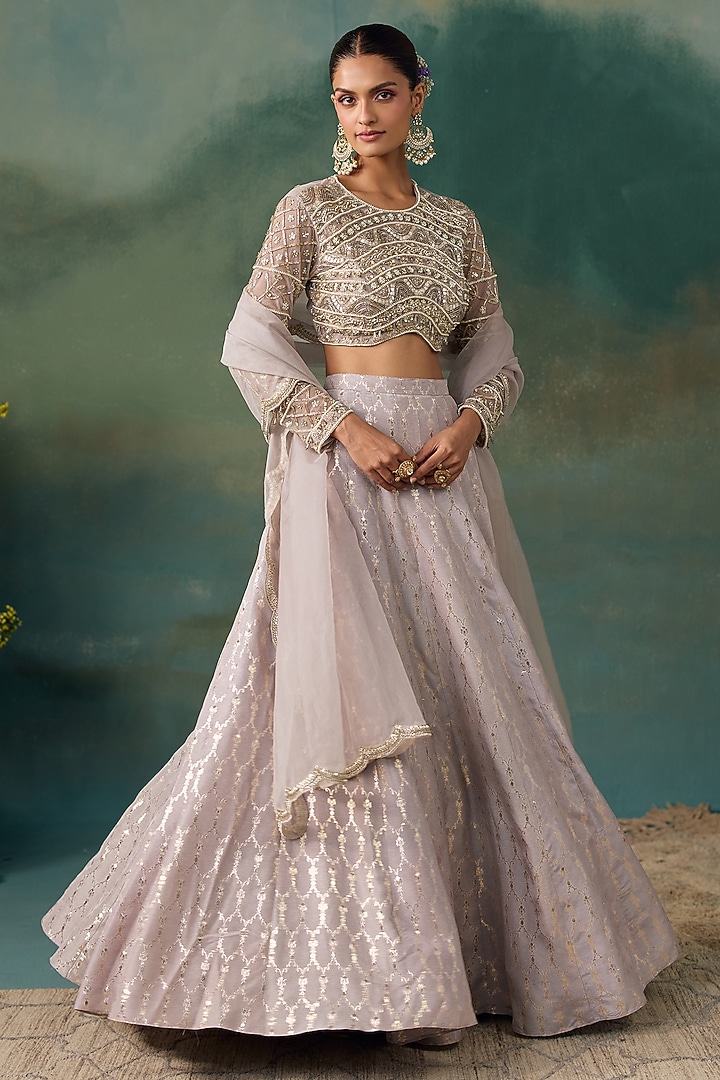 Grey Banarasi Silk Embroidered Wedding Lehenga Set by Chhavvi Aggarwal at Pernia's Pop Up Shop