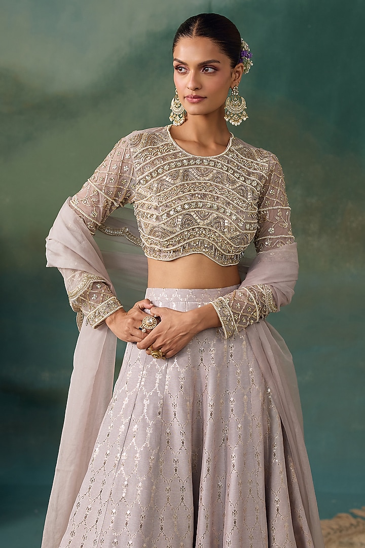 Grey Banarasi Silk Embroidered Wedding Lehenga Set by Chhavvi Aggarwal at Pernia's Pop Up Shop
