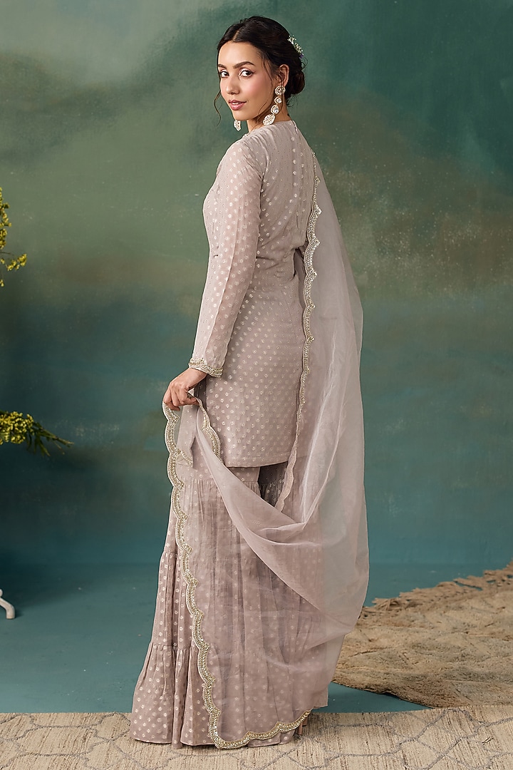 Grey Banarasi Silk Printed Wedding Sharara Set by Chhavvi Aggarwal at Pernia's Pop Up Shop