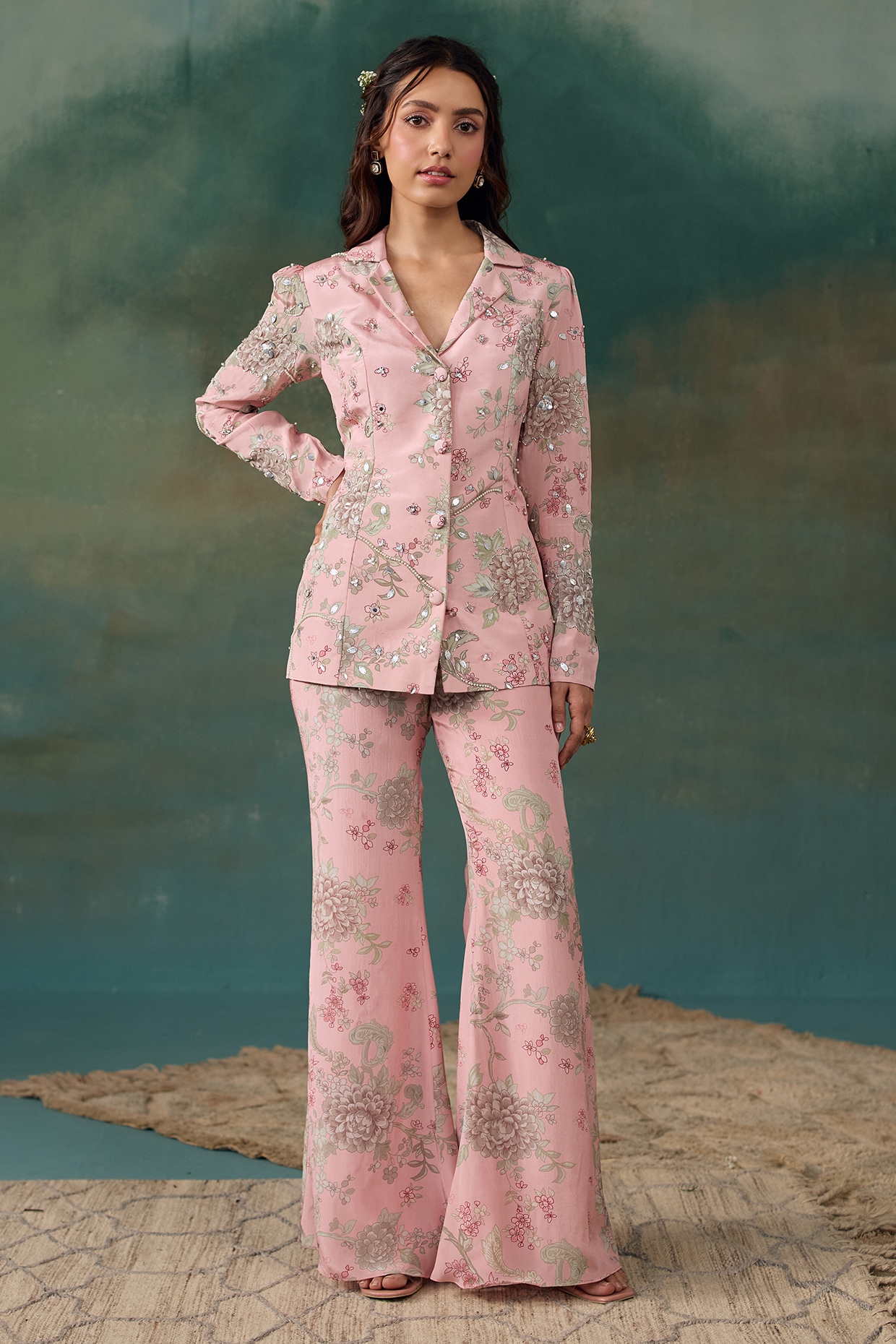 Chhavvi Aggarwal Blush Pink Crepe Embroidered Jacket Set