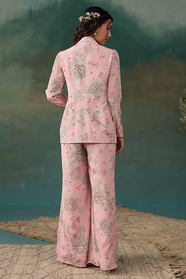 Blush Pink Crepe Embroidered Jacket Set by Chhavvi Aggarwal at Pernia's Pop Up Shop
