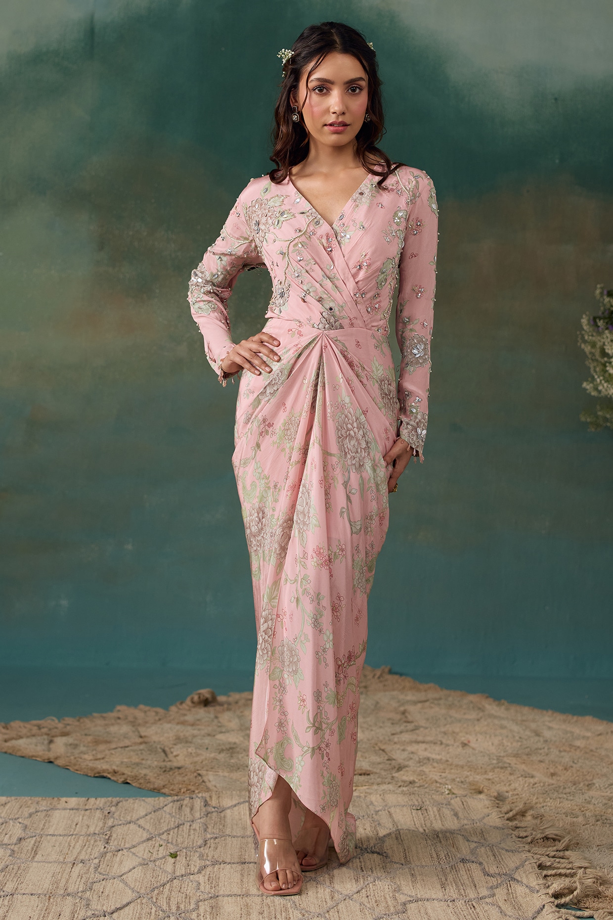 Chhavvi Aggarwal Blush Pink Crepe Embroidered Draped Maxi Dress