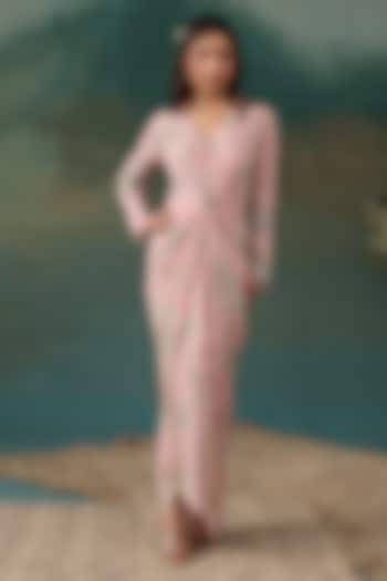 Blush Pink Crepe Embroidered Draped Maxi Vacation Dress by Chhavvi Aggarwal at Pernia's Pop Up Shop