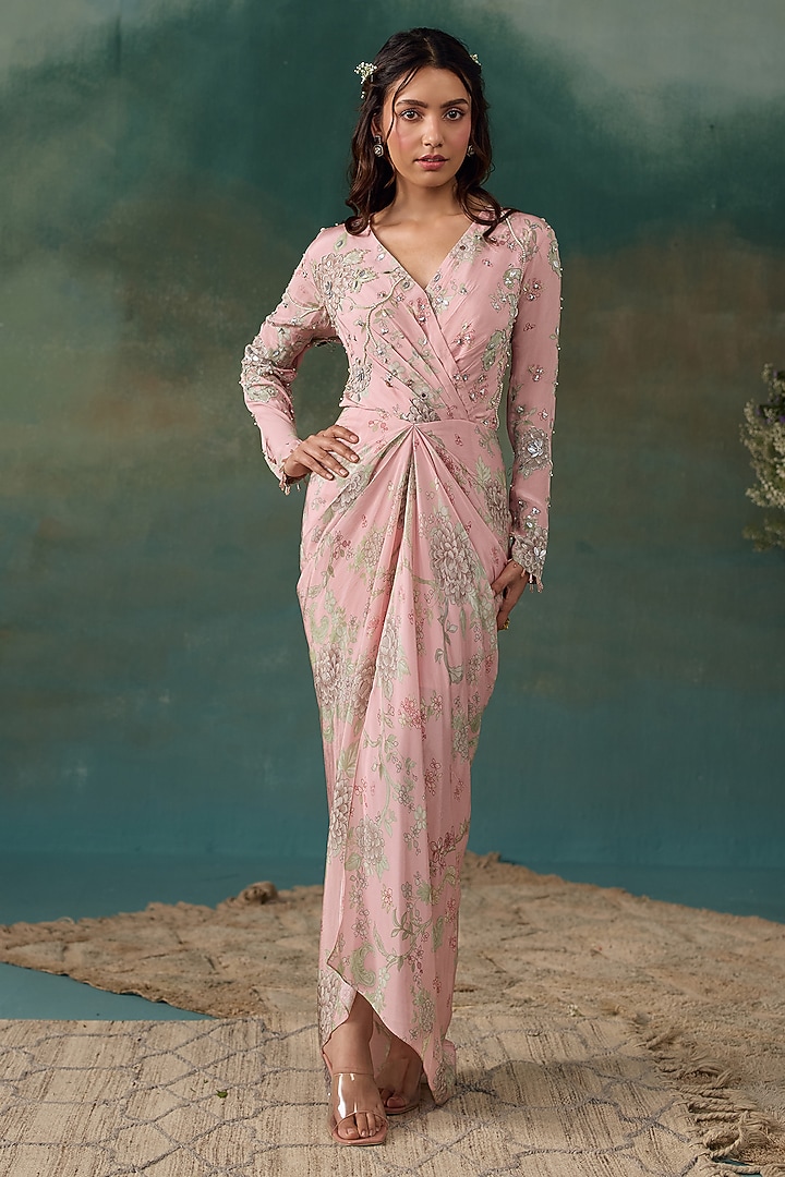 Blush Pink Crepe Embroidered Draped Maxi Vacation Dress by Chhavvi Aggarwal at Pernia's Pop Up Shop