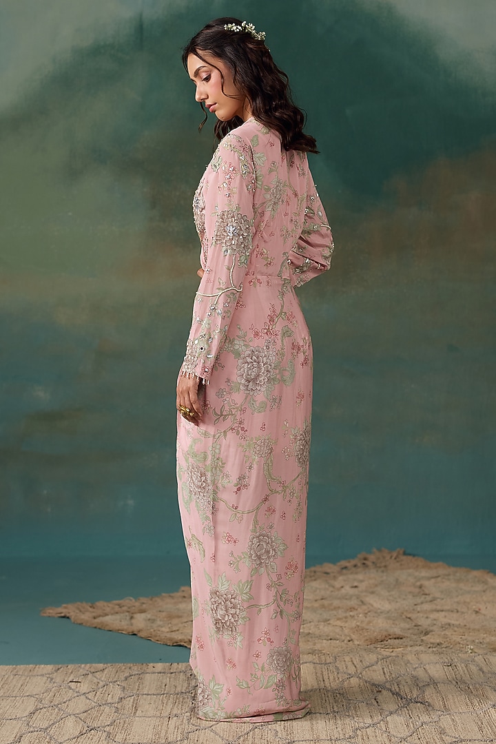 Blush Pink Crepe Embroidered Draped Maxi Vacation Dress by Chhavvi Aggarwal at Pernia's Pop Up Shop