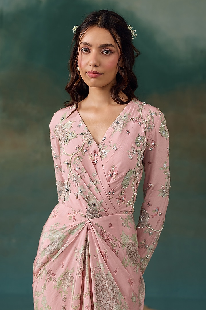 Blush Pink Crepe Embroidered Draped Maxi Vacation Dress by Chhavvi Aggarwal at Pernia's Pop Up Shop